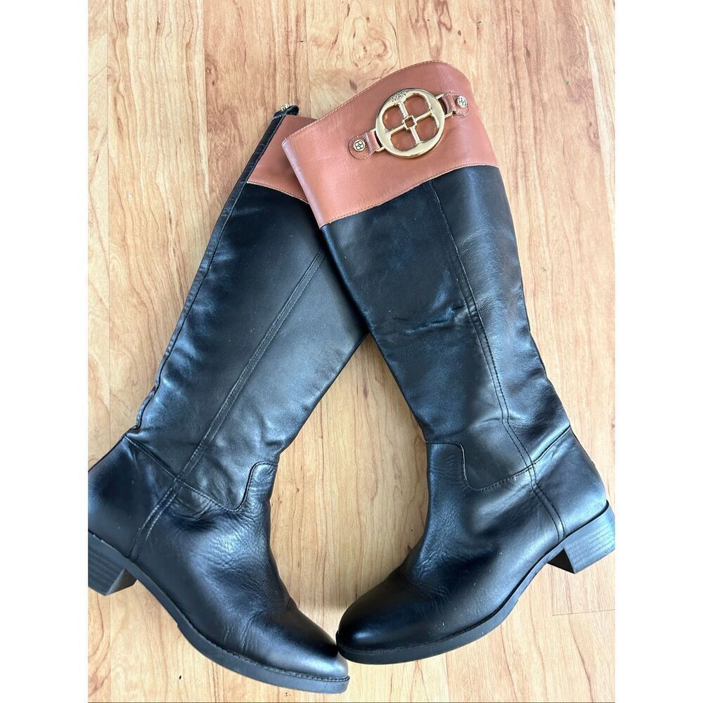 IMAN BLACK & COGNAC KNEE-CALF LEATHER RIDING BOOTS SIZE 8 w